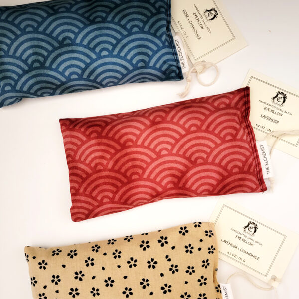 The Elchemist Eye Pillows in Blue Wave, Red Wave and Beige with Blue Cherry Blossom