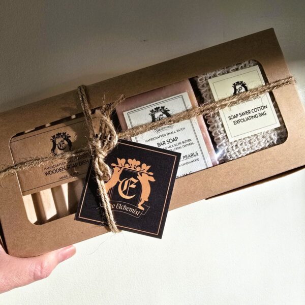 The Elchemist Gift Set with Soap, Wooden Soap Dish and Soap Saver