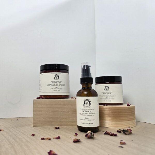 The Elchemist Bali Body Scrub, Body Butter and Body Oil Displayed on wooden table